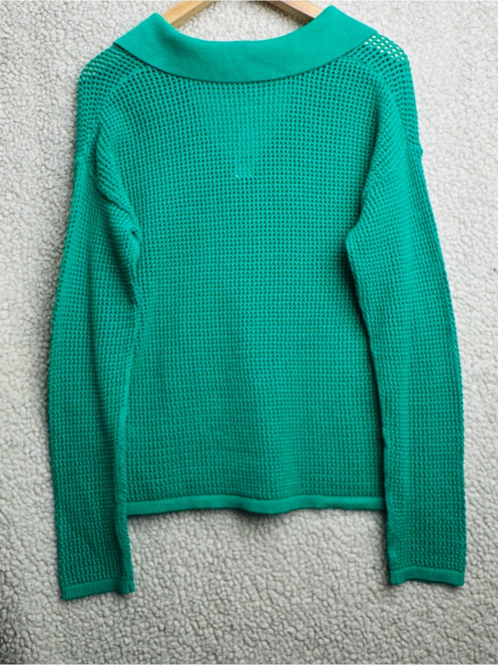 Green Open Knit Polo Sweater 100% Cotton Coastal Grandmacore Quiet Luxury Casual - Picture 3 of 6